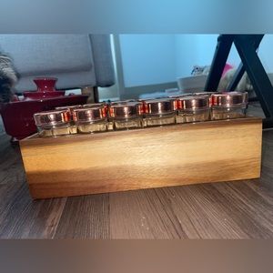 Spice organizer- glass bottle with rose gold lid. Comes with wood organizers